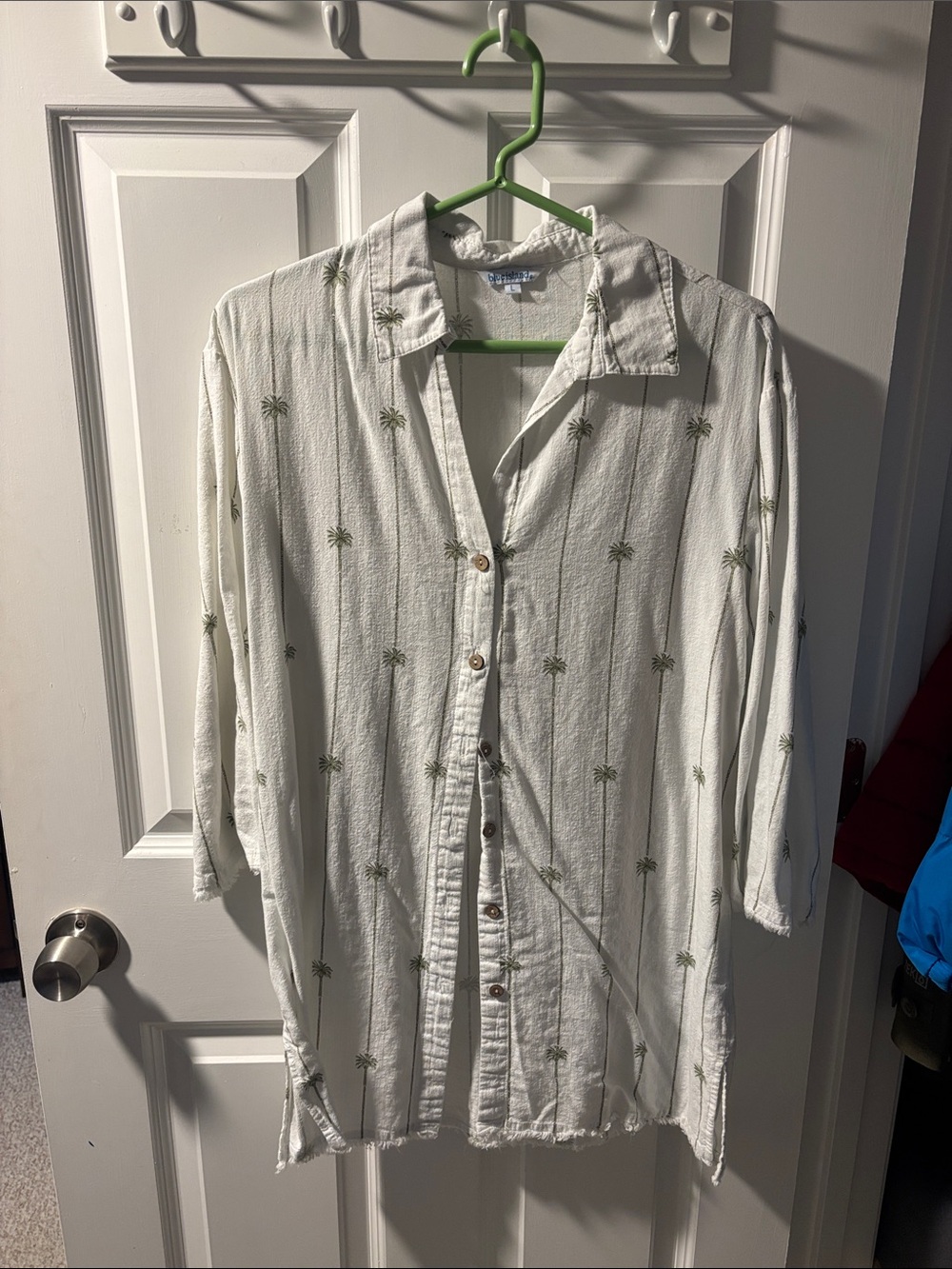 Lightweight White Button-Up Shirt with Olive Palm Print